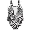 Optical swirl print rave swimsuit showing plunging back cutout detail