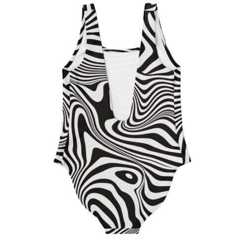 Optical swirl print rave swimsuit showing plunging back cutout detail