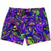 Neon acid trip swirl swim trunks with pink blue green squiggle pattern flat front view
