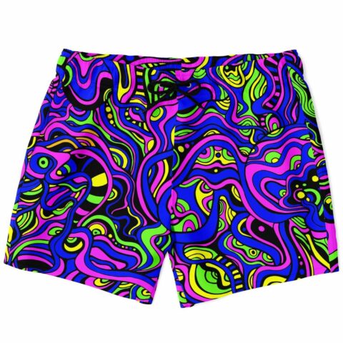 Neon acid trip swirl swim trunks with pink blue green squiggle pattern flat front view