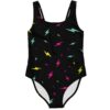 Black one-piece swimsuit with scattered neon lightning bolt print, flat lay front view