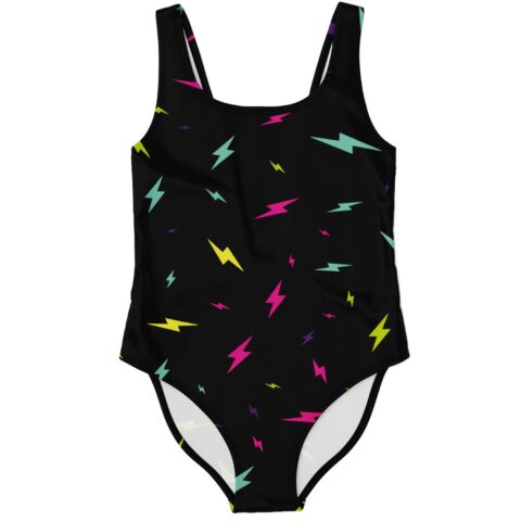 Black one-piece swimsuit with scattered neon lightning bolt print, flat lay front view
