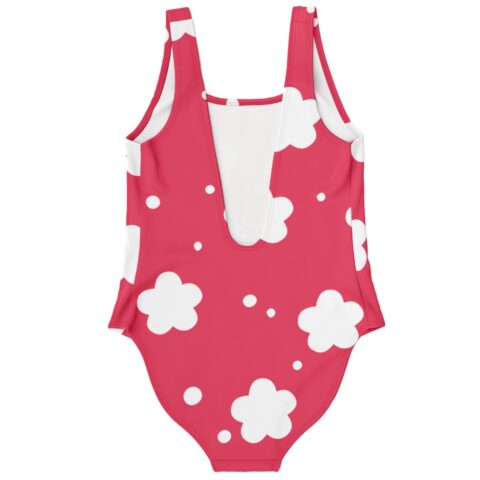 White cloud flower print on raspberry one-piece swimsuit back view flat lay