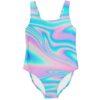 Holographic swirl one-piece swimsuit in pastel pink and teal front view flat lay