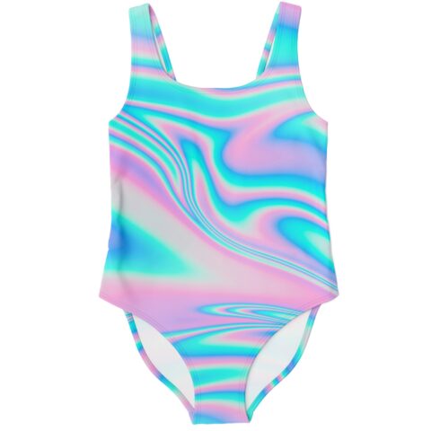 Holographic swirl one-piece swimsuit in pastel pink and teal front view flat lay