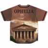Ophelia rave baseball jersey back view with Greek temple graphic and ornate lettering