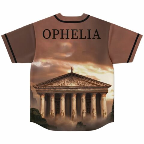 Ophelia rave baseball jersey back view with Greek temple graphic and ornate lettering