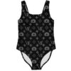 One-piece rave swimsuit in black with gray monogram star and mountain print, front flat lay