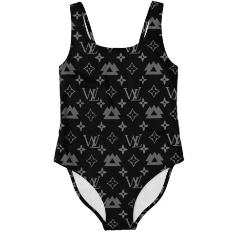 One-piece rave swimsuit in black with gray monogram star and mountain print, front flat lay