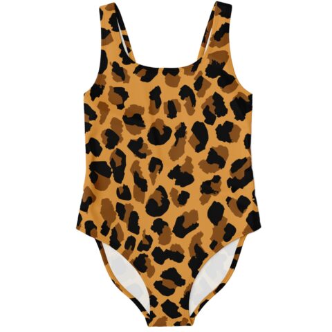 Tan leopard print rave swimsuit laid flat front view with scoop neckline