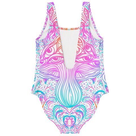 Trippy mushroom print one-piece swimsuit back view showing low scoop back design