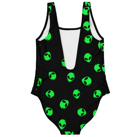 Black scattered rave swimsuit with alien heads flat lay back view showing deep neckline