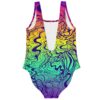 Back view of rainbow liquid swirl swimsuit showing plunging open back cutout
