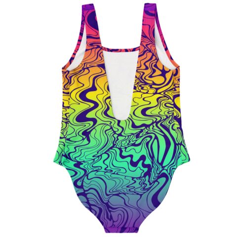Back view of rainbow liquid swirl swimsuit showing plunging open back cutout