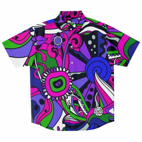 Colorful short sleeve button-down shirt with abstract pattern