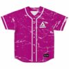 Magenta cracked marble rave baseball jersey with white piping, triangle logo, front view flat lay