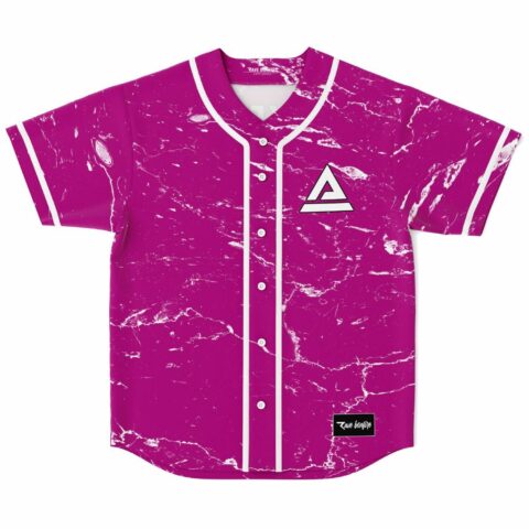 Magenta cracked marble rave baseball jersey with white piping, triangle logo, front view flat lay