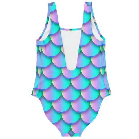 Turquoise mermaid rave swimsuit back view showing scoop back and scale pattern