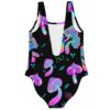 Plunging back view of black one-piece with glowing trippy mushroom pattern