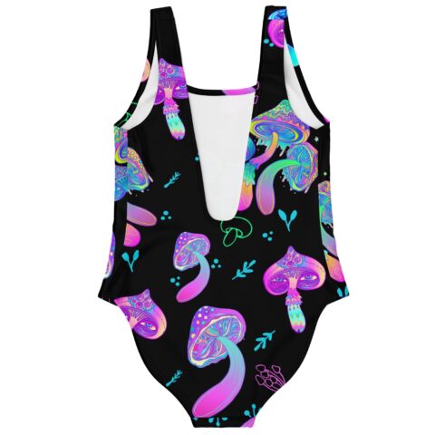 Plunging back view of black one-piece with glowing trippy mushroom pattern