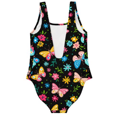 Back view of black butterfly and floral print swimsuit showing deep plunge back