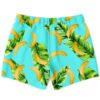 Back view of banana leaf print swim trunks showing full turquoise fabric coverage