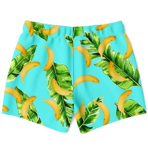 Back view of banana leaf print swim trunks showing full turquoise fabric coverage