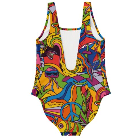 Psychedelic rave swimsuit back view showing plunge back and mushroom motifs