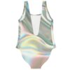 Pastel liquid chrome print swimsuit flat lay showing scoop back cutout