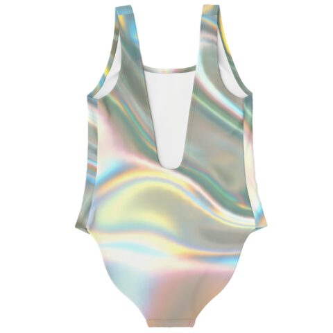 Pastel liquid chrome print swimsuit flat lay showing scoop back cutout