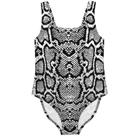 Black and white snakeskin print one piece swimsuit front flat lay view