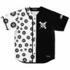 Black and white split jersey with 8 ball print and cross bones logo front view