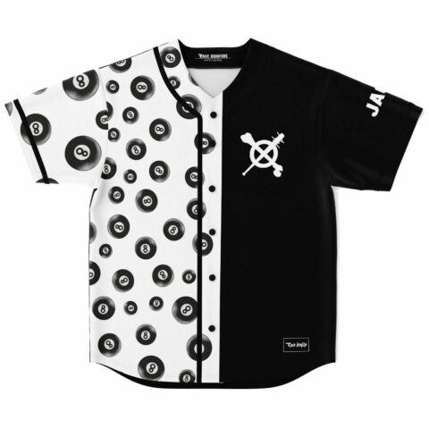 Black and white split jersey with 8 ball print and cross bones logo front view