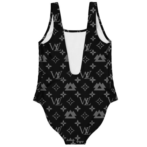 Back view of black monogram print swimsuit showing scoop back cutout and white lining