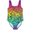 Rainbow gradient liquid swirl one piece swimsuit flat front view on white background