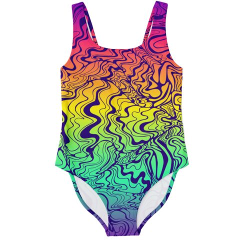 Rainbow gradient liquid swirl one piece swimsuit flat front view on white background
