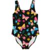 Front view of black one-piece swimsuit with colorful butterflies and flowers print