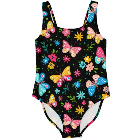 Front view of black one-piece swimsuit with colorful butterflies and flowers print