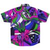 Back view of the rave button-down shirt with vibrant purple and green patterns