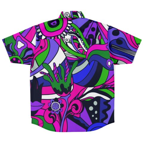 Back view of shirt showcasing vibrant purple and green patterns