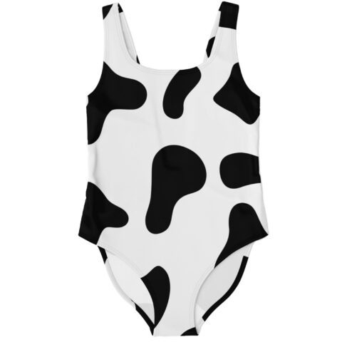 Cow print rave swimsuit front view flat lay with black spots on white