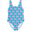 Turquoise mermaid rave swimsuit with iridescent scale print front view flat lay