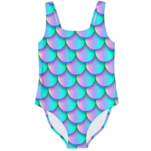 Turquoise mermaid rave swimsuit with iridescent scale print front view flat lay