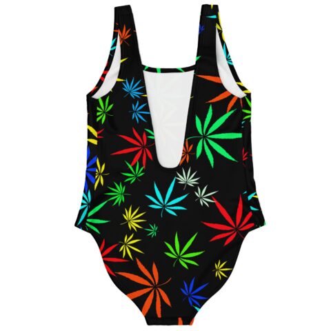 Black cannabis rave swimsuit back view showing scoop neckline and leaf print