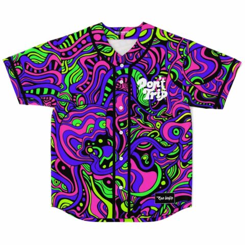 Neon acid trip liquid swirl baseball jersey with Don't Trip text on front placket