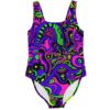 Neon acid trip swirl one-piece swimsuit front view on flat lay