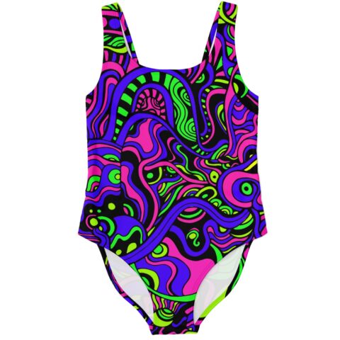 Neon acid trip swirl one-piece swimsuit front view on flat lay