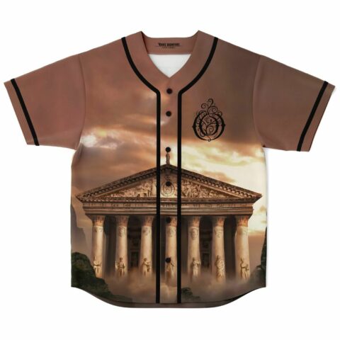 Ancient Greek rave baseball jersey with sunset temple print and column facade, front view
