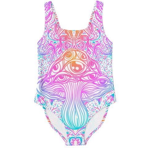 White psychedelic magic mushroom rave swimsuit with all-seeing eye cap front view