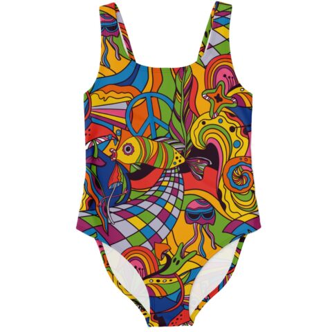 Psychedelic rave swimsuit front view with peace sign fish and jellyfish print